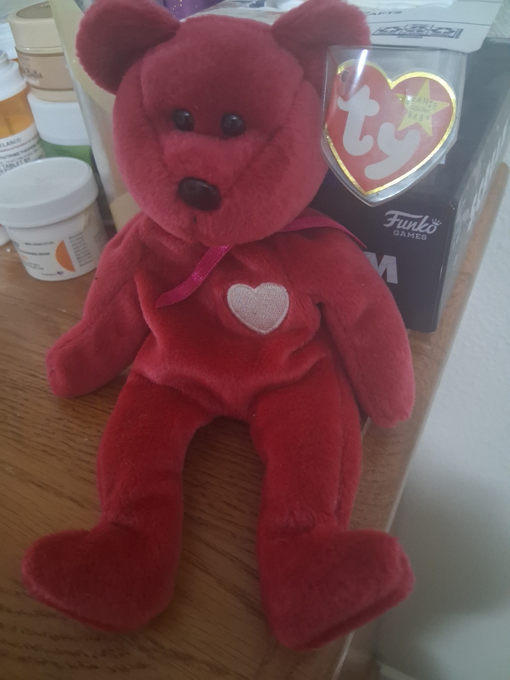 TY Red Plush Valentine Bear with Heart Patch